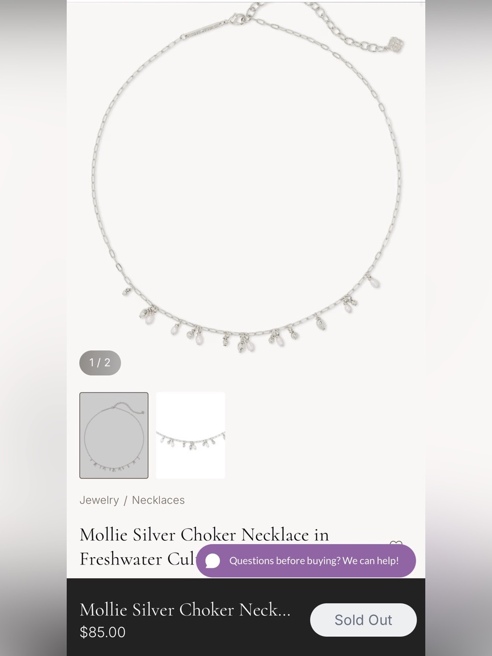 Kendra Scott Mollie Silver Choker Necklace with Pearls & Teardrop Charms
